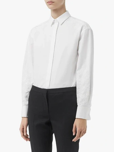 Shop Burberry Floral Embroidered Cotton Dress Shirt In White