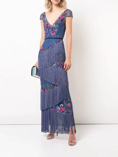 Shop Marchesa Notte Fringe & Lace Detailed Gown In Blue