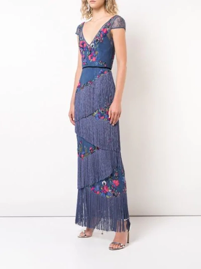 Shop Marchesa Notte Fringe & Lace Detailed Gown In Blue