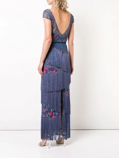 Shop Marchesa Notte Fringe & Lace Detailed Gown In Blue