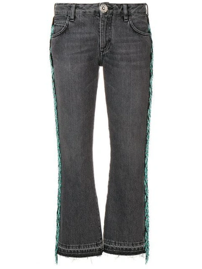 Shop Alanui Bead Fringed Cropped Jeans In Grey