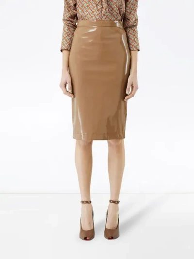 Shop Burberry Vinyl Pencil Skirt In Neutrals