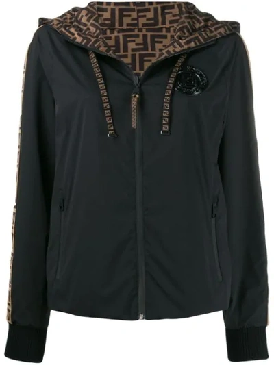 Shop Fendi Monogram Trim Hooded Jacket In Black