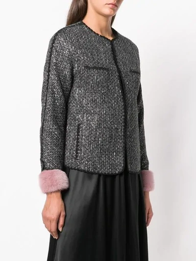 Shop Blumarine Faux Fur Cuff Bouclé Jacket In Grey