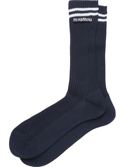 Shop Miu Miu Logo Cotton Socks In Blue