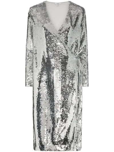 Shop Ganni Sonora Sequin Wrap Dress - Silver