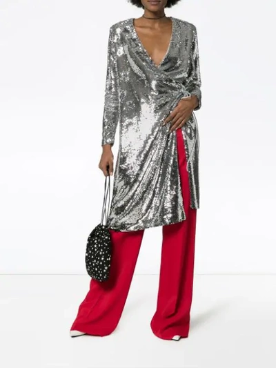 Shop Ganni Sonora Sequin Wrap Dress - Silver
