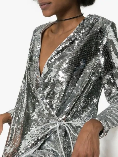 Shop Ganni Sonora Sequin Wrap Dress - Silver