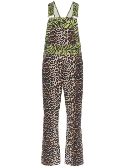 Shop Ganni Tiger And Leopard Print Denim Overalls In Black ,green