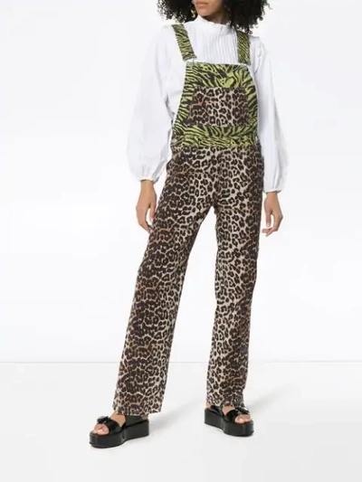 Shop Ganni Tiger And Leopard Print Denim Overalls In Black ,green