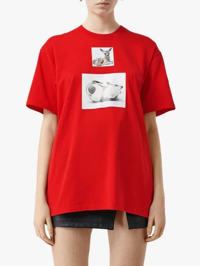 Shop Burberry Deer Print Cotton T-shirt In Red