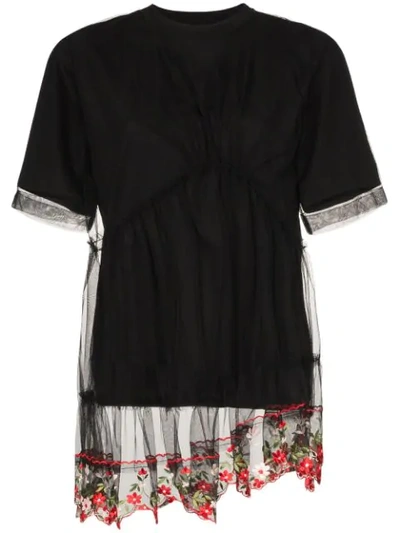 Shop Simone Rocha Floral Embroidered Lace Peplum T-shirt In Black