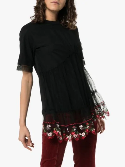 Shop Simone Rocha Floral Embroidered Lace Peplum T-shirt In Black