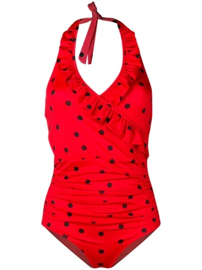 Shop Ganni Polka-dot Swimsuit In Red