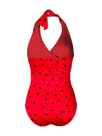 Shop Ganni Polka-dot Swimsuit In Red