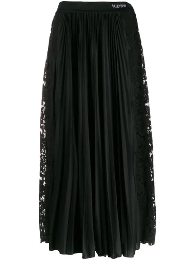 Shop Valentino Pleated Lace Detailed Skirt In Black