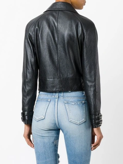 Shop Saint Laurent Cropped Leather Biker Jacket In Black