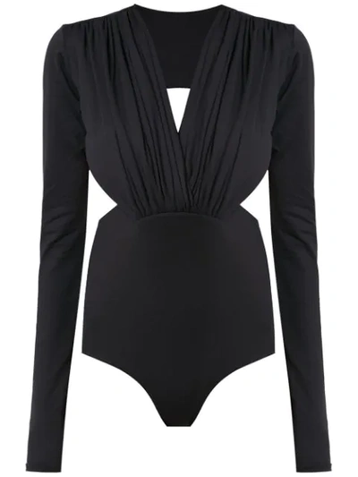 Shop Amir Slama Long Sleeved Bodysuit With Cut Details In Black