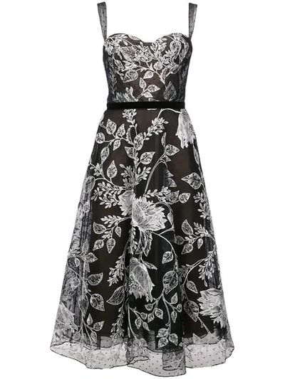 Shop Marchesa Notte Floral Embroidered Flared Dress In Black