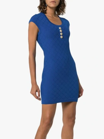 Shop Balmain Knitted Mini Dress In Blue