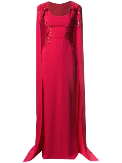 Shop Marchesa Notte Embroidered Cape-effect Gown In Red