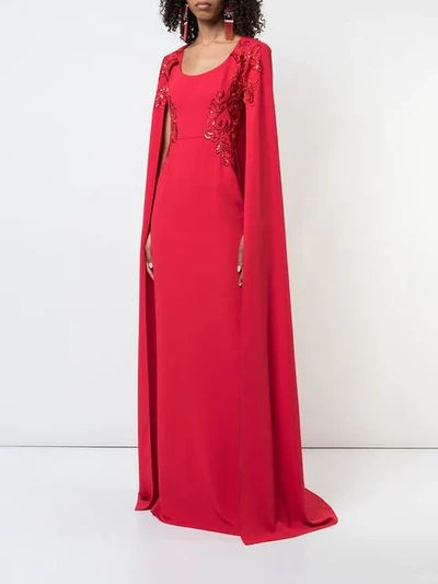 Shop Marchesa Notte Embroidered Cape-effect Gown In Red