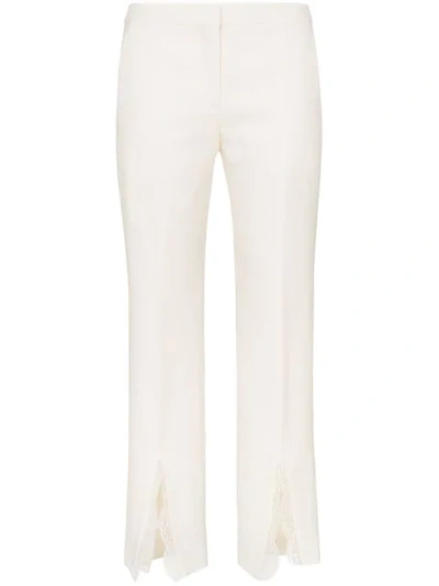 Shop Alexander Mcqueen Lace Trim Wool Blend Slim Leg Trousers In 9007 White