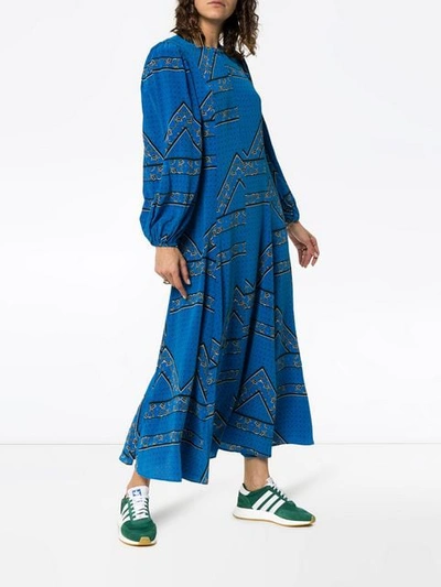 Shop Ganni Cloverdale Printed Silk Maxi Dress In Blue