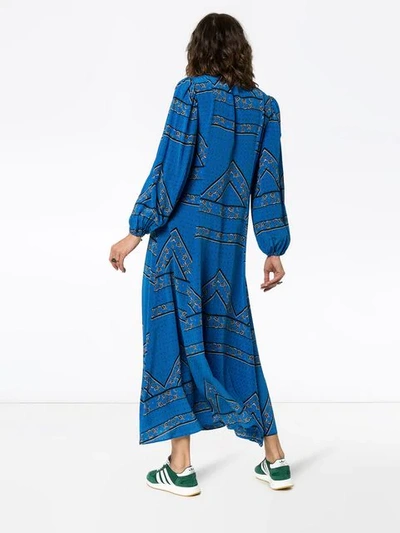 Shop Ganni Cloverdale Printed Silk Maxi Dress In Blue