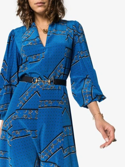 Shop Ganni Cloverdale Printed Silk Maxi Dress In Blue