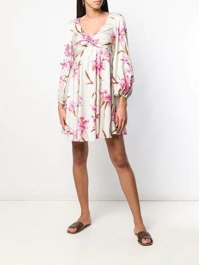 Shop Zimmermann Ruched Floral Print Dress In Neutrals