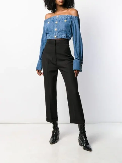 Shop Balmain Off-the-shoulder Buttoned Cropped Top In 6fc Bleu