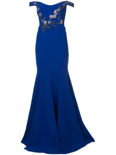 Shop Marchesa Notte Bead Embroidered Off The Shoulder Gown In Blue