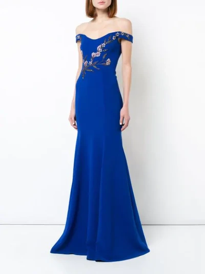 bead embroidered off the shoulder gown