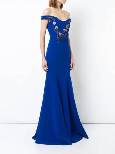 bead embroidered off the shoulder gown