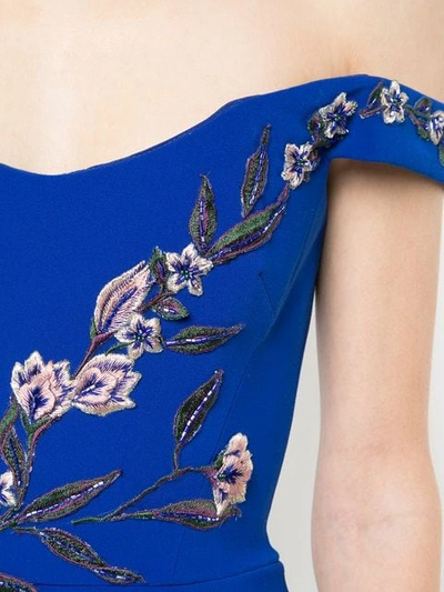 Shop Marchesa Notte Bead Embroidered Off The Shoulder Gown In Blue