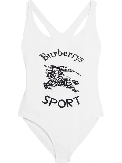 Shop Burberry Archive Logo Print Swimsuit In White
