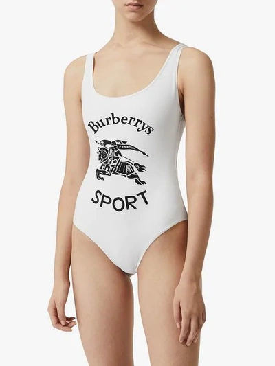 Shop Burberry Archive Logo Print Swimsuit In White