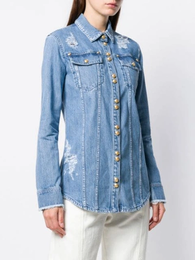 Shop Balmain Distressed Denim Shirt In Blue