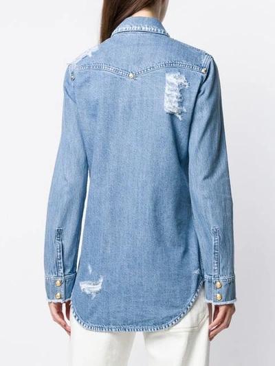 Shop Balmain Distressed Denim Shirt In Blue