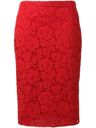Shop Valentino Lace Pencil Skirt In Red