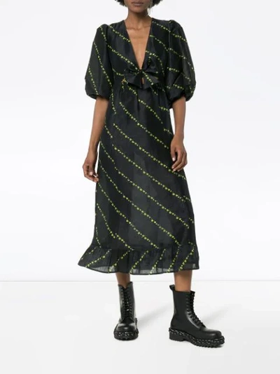 Shop Ganni Floral Stripe Midi Dress In Black