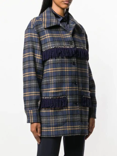Shop P.a.r.o.s.h Embellished Check Coat In Blue
