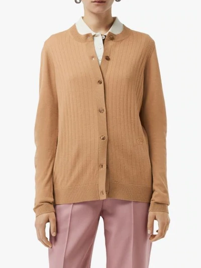 Shop Burberry Rib Knit Cashmere Cardigan In Camel