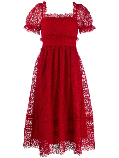 Shop Self-portrait Puff Sleeve Midi Dress In Red