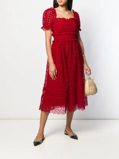 Shop Self-portrait Puff Sleeve Midi Dress In Red