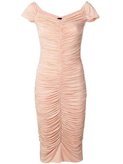 Shop Pinko Ruched Bardot Midi Dress In Pink
