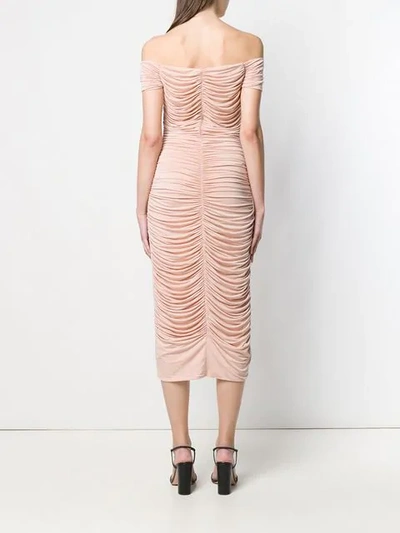 Shop Pinko Ruched Bardot Midi Dress In Pink