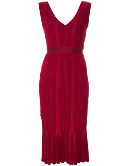 Shop Herve Leger V-neck Ribbed Dress In Red