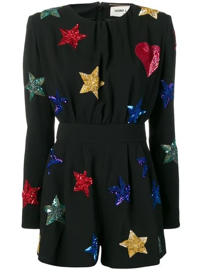 Shop Saint Laurent Embroidered Stars Jumpsuit In 1000 -noir